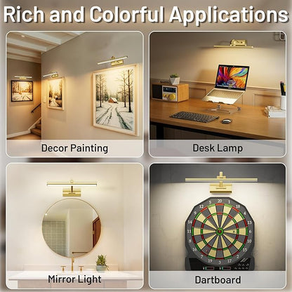 AIFEI Picture Lights for Wall Battery Operated, Rechargeable Wireless Picture Light with Remote Control, Dimmable Art Lighting for Paintings, Gallery Frame Display Light, 16" Wall Picture Lamp, Brass