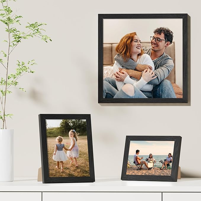 Vittanly 12x12 Picture Frames Set of 9, Shatter Resistant Plexiglass, Display 8x8 Pictures with Mat or 12x12 without Mat, Photo Frames for Wall Mount, Engineered Wood, Black