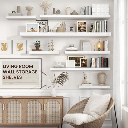 Floating Shelves for Wall 48"W x 9"D x 1.5"H, Long Engineered Wood Wall Shelves with Invisible Brackets for Living Room Bedroom Bathroom Office Kitchen Decor and Storage, White Finish, Set of 2
