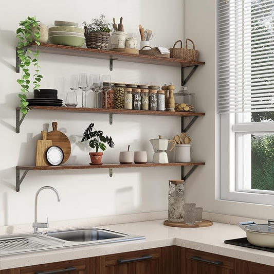 Axeman 48 Inch Floating Shelves | 8 Inch Deep Walnut Wall Shelves Set of 2 | 47.3W x 8D Rustic Wood Shelves for Bookshelf Living Room Bedroom Home Office Bathroom