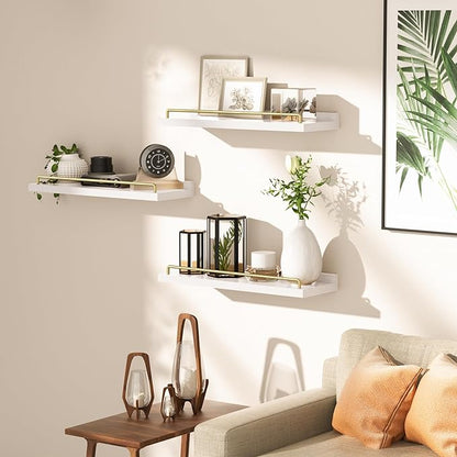 Floating Shelves for Wall Decor, White and Gold Shelves for Bathroom, Living Room, Bedroom, Picture Frames, Plants, Kitchen (Set of 3)