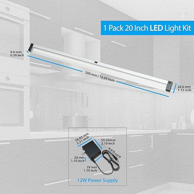 EShine Hand Wave Activated Under Cabinet LED Lighting Kit, Dimmable, 1-Pack 20 in - Touchless Dimming Control, Black Under Counter Lights for Kitchen, Garage, Office, Desk - Warm White (3000K)