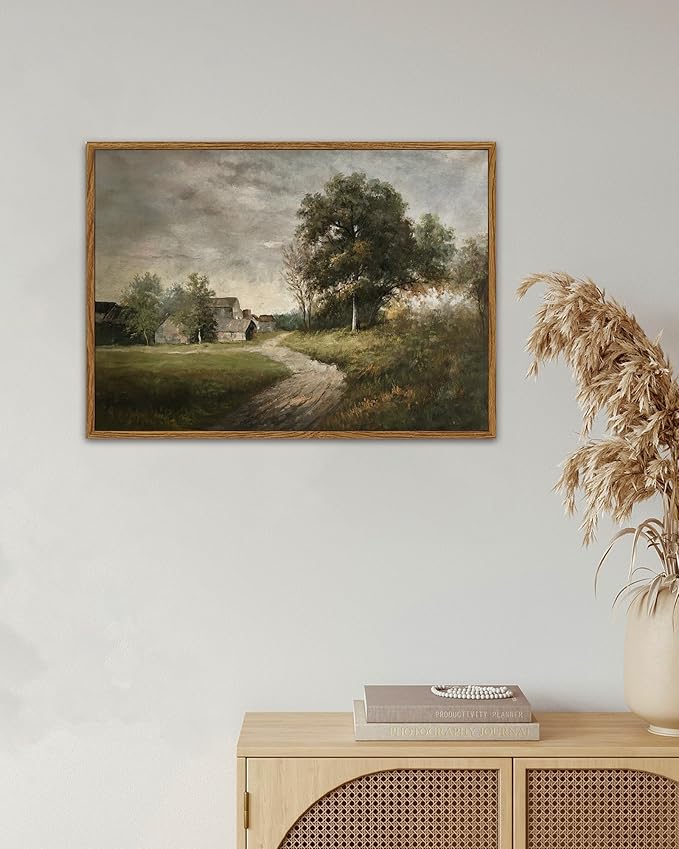 SHENIFY Landscape Vintage Framed Canvas Wall Art Classical Village Prints Farmhouse Bathroom Office Decor - 11x14in Natural Framed
