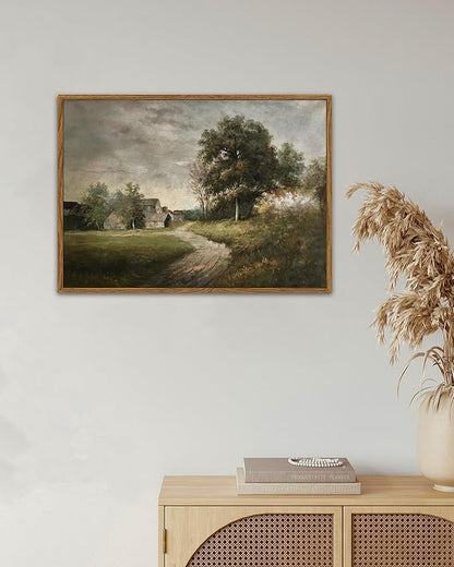 SHENIFY Landscape Vintage Framed Canvas Wall Art Classical Village Prints Farmhouse Bathroom Office Decor - 11x14in Natural Framed