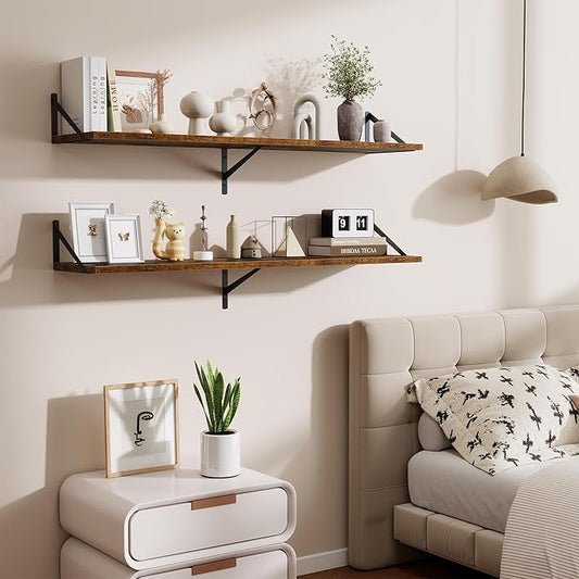 48inch Floating Shelves for Wall,10" Deep Floating Shelves with Metal Brackets,Wall Mounted Hanging Floating Shelf,Wide Display Shelves for Living Room,Bedroom,Office,Kitchen,Rustic Brown