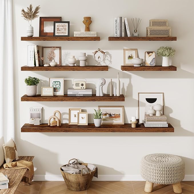 Fun Memories 55 Inch Fireplace Mantel Shelf, 10 Inch Deep Shelves for Display & Wall Storage, Rustic Wood Wall Shelf, Extra Long Floating Shelves for Living Room Laundry Room, Rustic Brown, Set of 1