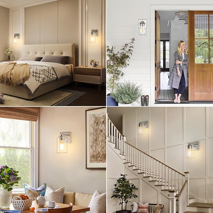 Set of 2 Wall Sconces for Bathroom, Brushed Nickel Vanity Light Fixtures, Modern Wall Mount Lighting Lanterns, Farmhouse Wall Lamps with Clear Glass Shade for Bedroom Living Room Mirror Hallway Porch
