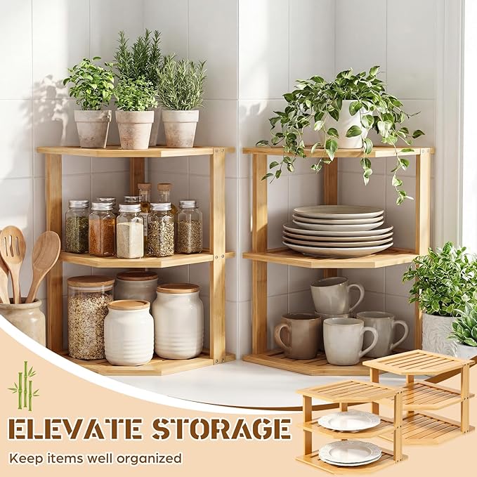 2 Pcs Corner Bamboo Shelf, Kitchen Cabinet Organizer Bamboo Bookshelf, Organizer Kitchen Shelves, Corner Cabinet Rack, Storage Shelves for Pantry Bathroom Dining Room Study Laundry
