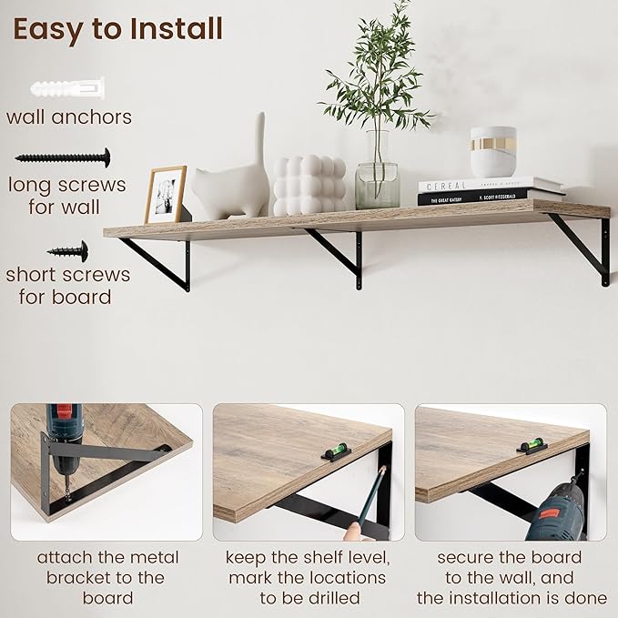 Axeman 12 Inch Deep Floating Shelves for Wall - 55 Inch Wide x 12 Inch Deep Wall Shelves Set of 2 - Rustic Grey Wood Floating Shelves for Living Room