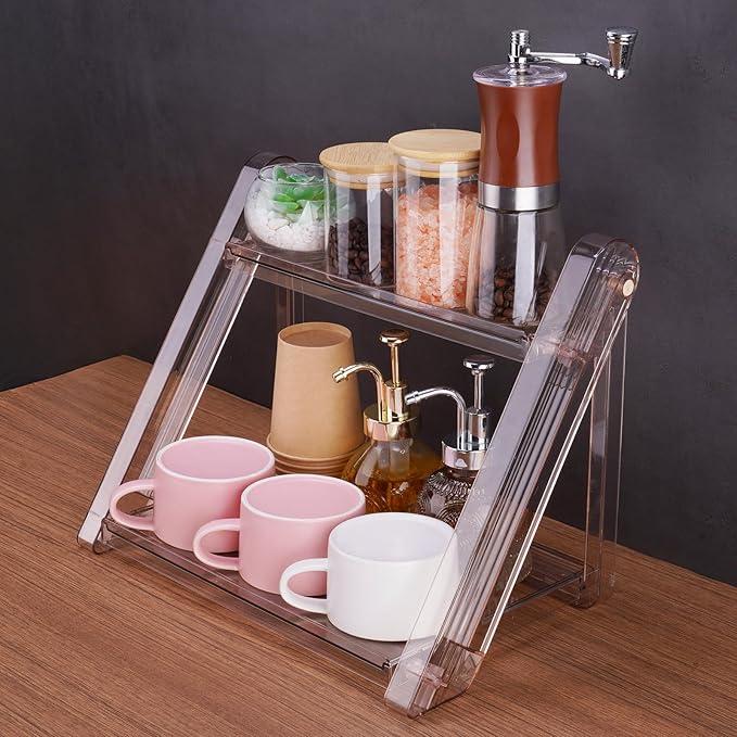 NiHome Foldable Countertop Coffee Station Organizer Rack, 2-Tier Shelf for Coffee Bar Accessories, Condiment Storage Caddy for Kitchen, Home, Office (Brown)