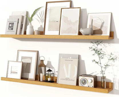 Fun Memories Picture Ledge Shelves Set of 2, 36 Inch Rustic Wall Mounted Floating Shelves with Lip for Home Storage and Décor in Bathroom, Kitchen, Nursery, Bedroom, Living Room, Oak