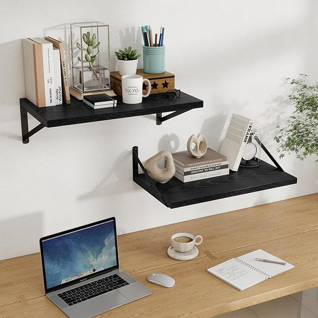 Floating Shelves, 12 Inch Deep Rustic Wood Wall Storage, 24W x 12D Wall Shelves Set of 2, Heavy Duty Metal Brackets, Large Industrial Book Shelf for Living Room, Kitchen, Bedroom, Black