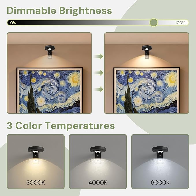 L LOHAS LED Black Wireless Picture Lights for Wall, 3 Pack Magnetic Rechargeable 1200mAh Battery Operated Picture Light with Remote & Timer, Dimmable 3CCT Art Light for Paintings, Frames, Gallery