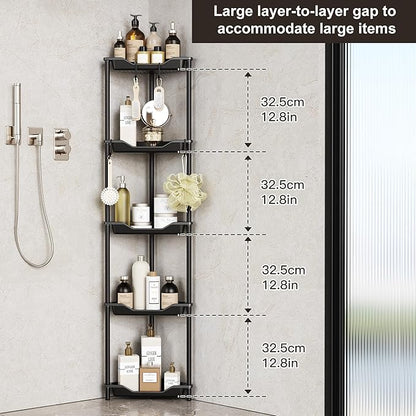 Orimade Rustproof 5 Tier Floor Standing Corner Shower Caddy Organizer, Plastic Metal Splicing Floor Corner Shelf Rack Stands for Bathroom, Black