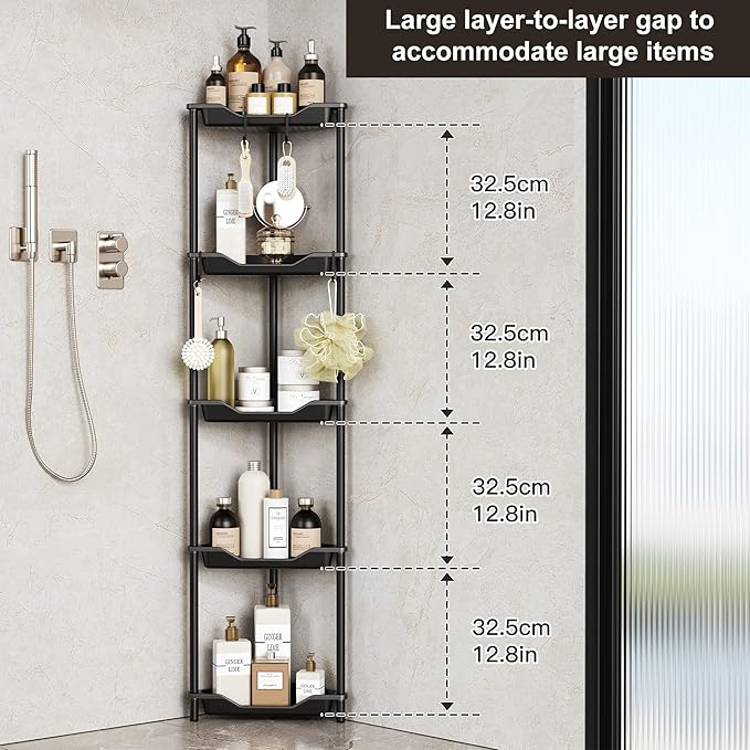 Orimade Rustproof 5 Tier Floor Standing Corner Shower Caddy Organizer, Plastic Metal Splicing Floor Corner Shelf Rack Stands for Bathroom, Black