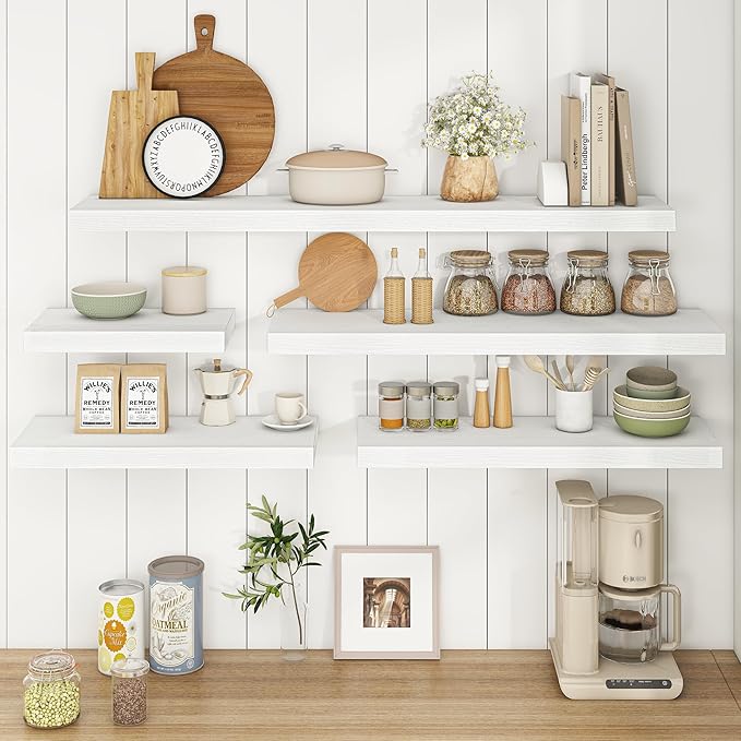 Fun Memories 48Inch Floating Shelves, 9.3Inch Deep Rustic Wall Shelves - Extra Deeper & Thicker Wall Mounted Storage Shelf for Kitchen, Farmhouse - Set of 2 - Rustic White