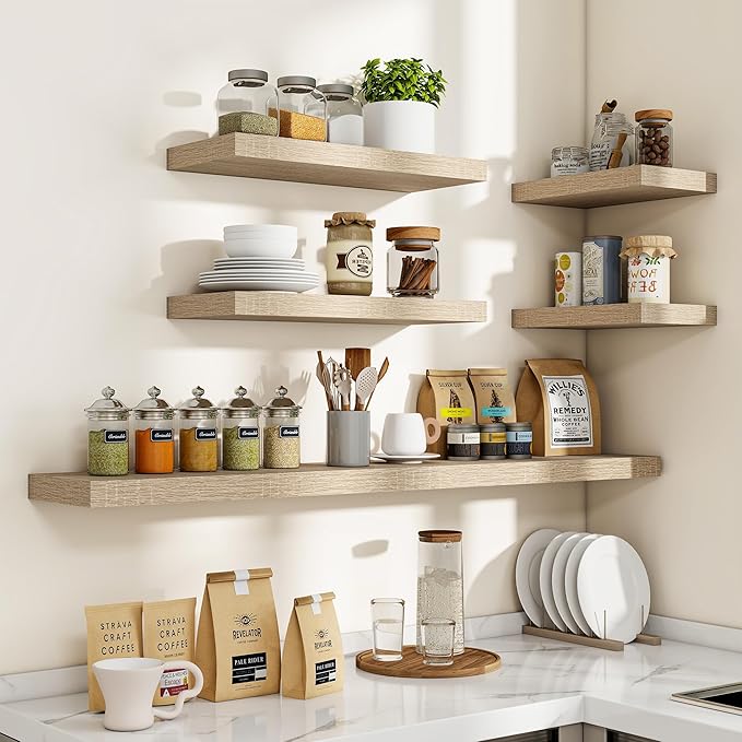 24 Inch Floating Shelves, 3D Textured Wood Grain, 24"x9.25"x1.5" Inch Deep Floating Shelves for Wall, Wooden Shelves for Bathroom, Bedroom, Living Room, Vintage White Oak, 2 Pieces