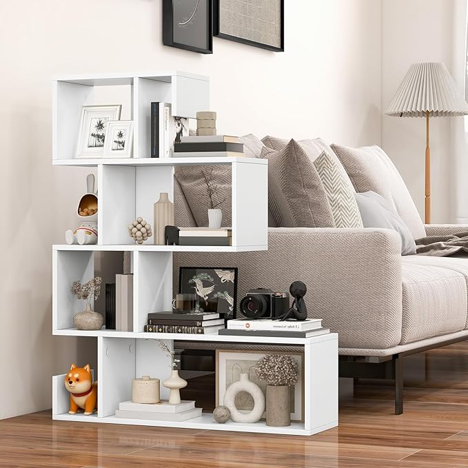 Giantex 5-Tier S-Shaped Bookshelf, Geometric Bookcase w/Open Cubes, Modern Decorative Display Shelf w/Anti-Toppling Kits, Freestanding Storage Rack for Living Room, Study, Home, Office (2, White)