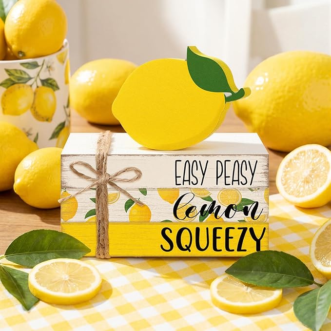 Geelin 4 Pcs Lemon Book Stack Decor, Wooden Faux Books for Home Table Centerpiece, Lemon-themed Kitchen Tiered Tray Decorations, Rustic Farmhouse Summer Lemon Decor for Living Room & Dining Table