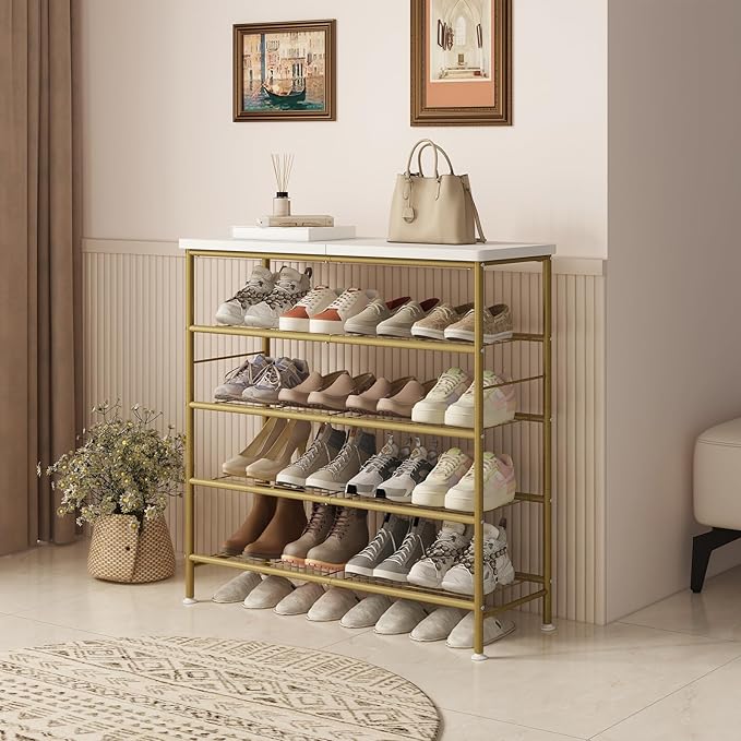 SUOERNUO Shoe Rack Organizer 5 Tier for Closet Entryway Free Standing Metal Storage Shoe Shelf with MDF Top Board，Gold