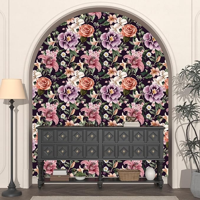 Purple Vintage Floral Wallpaper Peel and Stick Red Rose Peony Flowers Contact Paper 17.5" x 118" Wall Paper Self Adhesive Waterproof Removable for Room Shelves Cabinet Drawer Table Decor