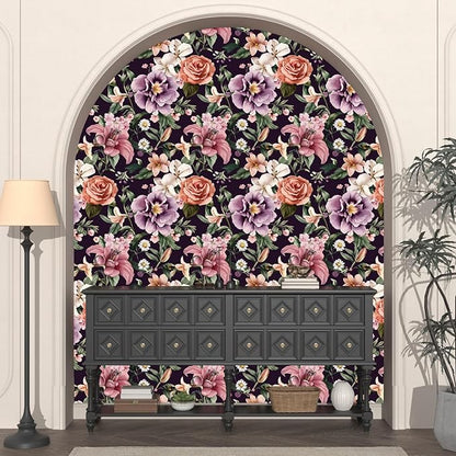 Purple Vintage Floral Wallpaper Peel and Stick Red Rose Peony Flowers Contact Paper 17.5" x 118" Wall Paper Self Adhesive Waterproof Removable for Room Shelves Cabinet Drawer Table Decor