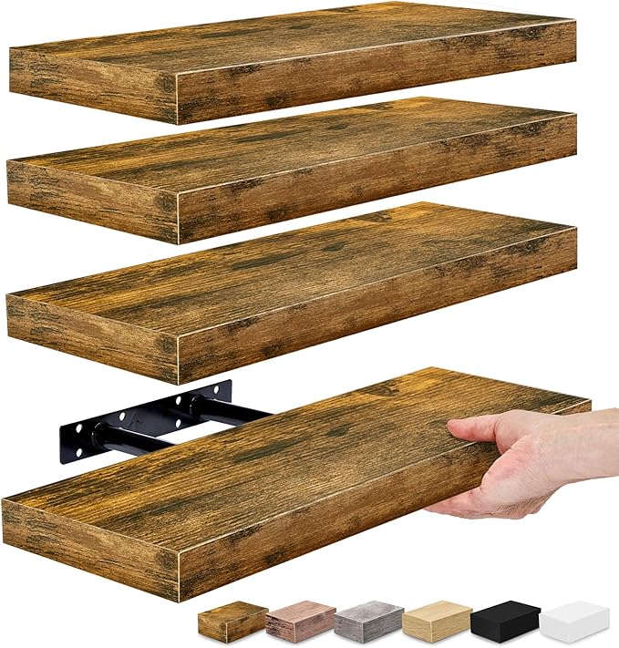 Sorbus Floating Shelves for Wall – 16 Inch Floating Shelf for Kitchen, Bedroom, Living Room, Bathroom, Home & Wall Decor - Mounted Bathroom Shelves with Invisible Brackets (Rustic Brown, 4 Pack)
