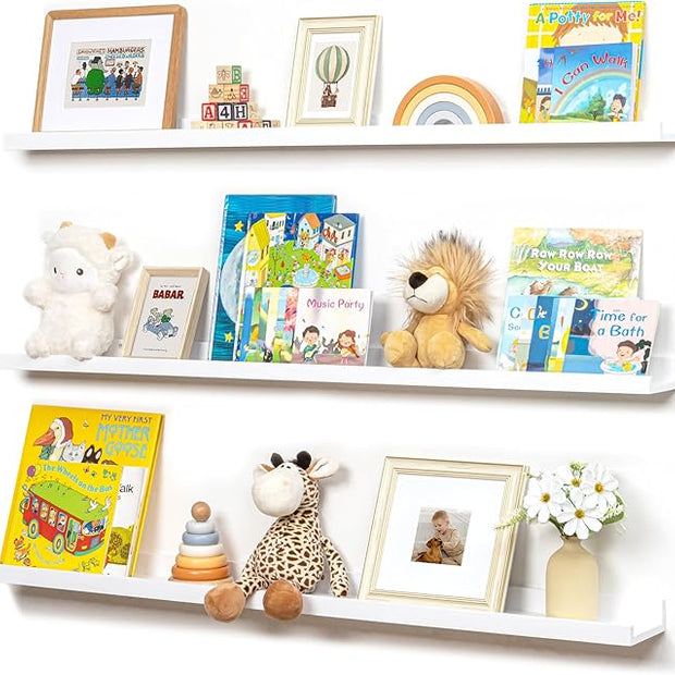 Picture Ledge Shelf for Wall, 48 inches Solid Pine Wood Nursery Book Shelves 3 Pack, Floating Ledge Shelves for Kids' Room, Bedroom, Bathroom Long Floating Shelves for Wall, White