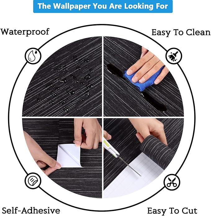 CRE8TIVE Black Grasscloth Peel and Stick Wallpaper Textured Woven Linen Fabric Black Contact Paper for Walls Self Adhesive Removable Faux Grass Cloth Wallpaper for Bedroom Countertops Cabinets 12