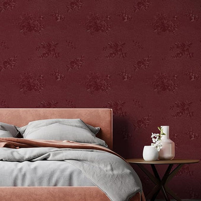 CHIHUT Thicken Embossed Floral Wallpaper Stick and Peel 12”x472” Dark Red Flower Contact Paper Self Adhesive Textured Floral Wall Paper for Bedroom Decorative Vinyl Roll for Cabinets Countertops