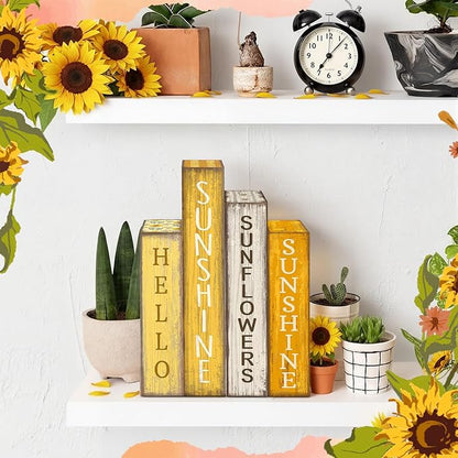 4 Pcs Summer Table Decoration Wooden Book Sunflower Decoration Yellow and White Summer Tiered Tray Decor Wood Book Sign Farmhouse for Home Shelf Coffee Table