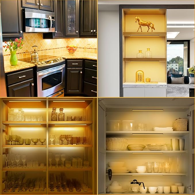 JUSJUBR Led Shelf Lights, 4x12 Inch Warm White 3000K Dimmable Shelf Lighting with Memory Function, Ultra-Thin Black Display Case Lights, Display Cabinet Lights