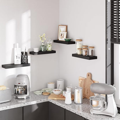 BAMEOS Floating Shelves, Black Wall Mounted Wooden Shelves with Invisible Brackets Set of 2, Hanging Wall Shelves Decoration for Bedroom, Bathroom, Living Room and Kitchen