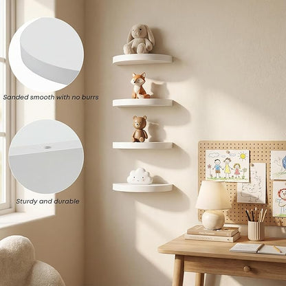 Small Wood Floating Shelves (4-Pack, 6-inch Diameter) - Round Sturdy Invisible Wall Mount Display for Small Plants,Toys,Bathroom,Living Room Storage & Modern Rustic Décor (White)