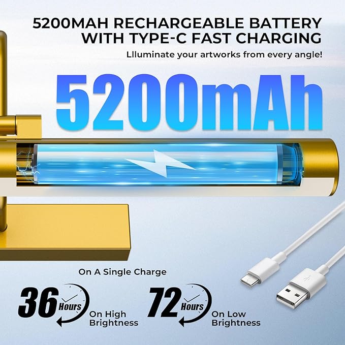 13'' Picture Light for Wall, 5200 mAh Battery Operated Picture Light with Remote & Timer for Wall Art - 3 CCT Dimmable LED, Brass Finish