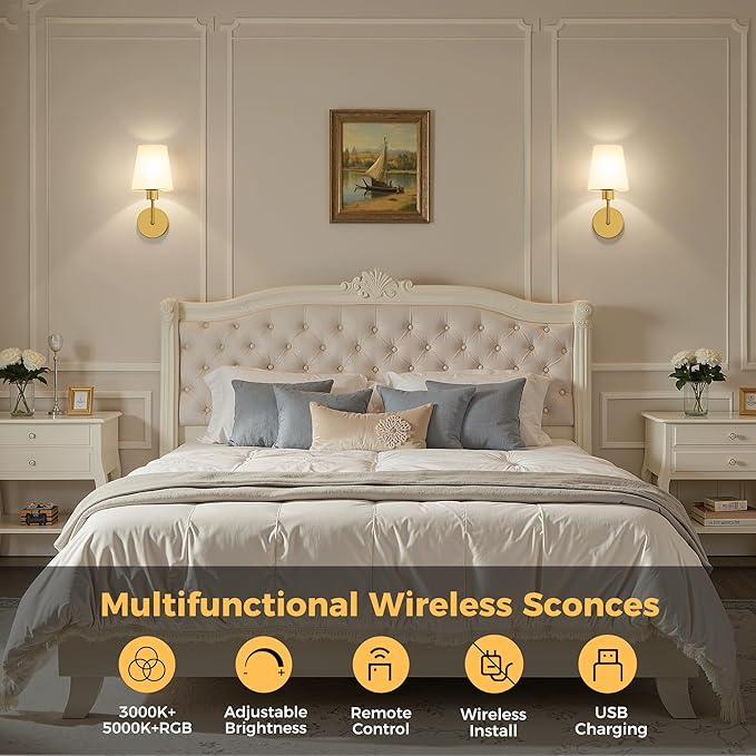 DORESshop Battery Operated Wall Sconce Set of 2, Wall Light Wireless Easy to Install, Dimmable and Adjustable Sconces Wall Decor, Rechargeable Wall Lamp for Bedroom, Living Room, Gold 13.8in