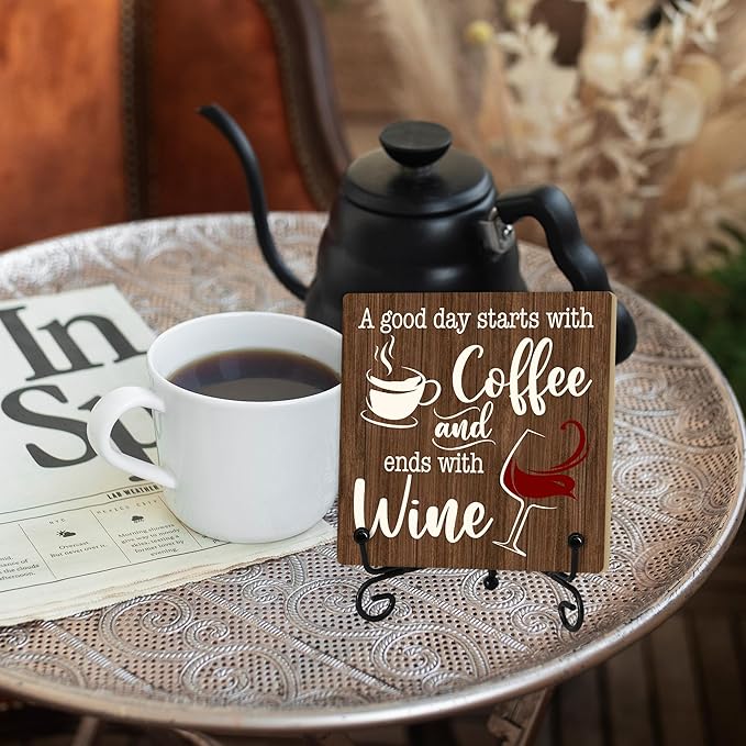 Coffee And Wine Desk Decor Sign, Rustic Wooden Sign With Stand, A Good Day Starts With Coffee And Ends With Wine Sign For Farmhouse Home Kitchen Bar Shelf Table, Gifts For Family Friend Coworker-02