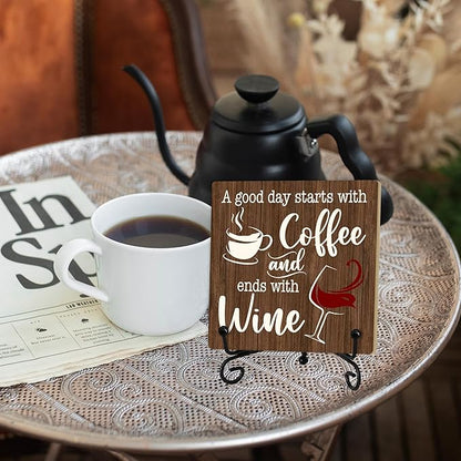 Coffee And Wine Desk Decor Sign, Rustic Wooden Sign With Stand, A Good Day Starts With Coffee And Ends With Wine Sign For Farmhouse Home Kitchen Bar Shelf Table, Gifts For Family Friend Coworker-02