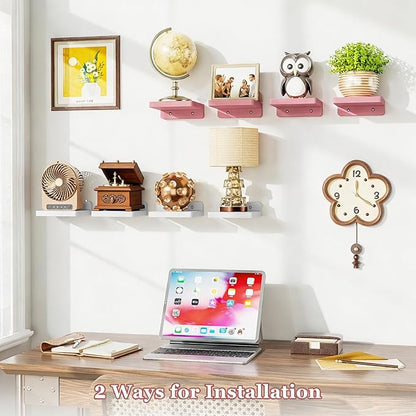 SRIWATANA Small Floating Shelves Wall Mounted, Wood Shelf for Decoration and Storage Set of 4, Mini Display Shelf for Bedroom, Bathroom, Kitchen, Office (Pink, 5 inch)