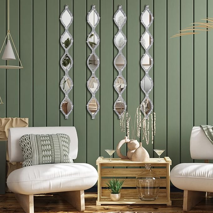 BBTO Teardrop Mirror Wall Decor Decorative Mirror Rustic Crush Diamond Mirrors Wall Farmhouse Long Art for Bathroom Bedroom Entryway Apartment Living Room(Silver,4 Pcs)