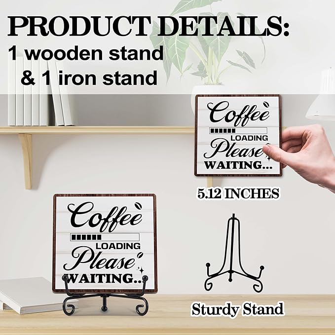 Coffee Bar Decor, Farmhouse Kitchen Table Decor, Coffee Station Accessories, Wooden Decorative Sign with Iron Stand for Table Desk Shelf Display-E32