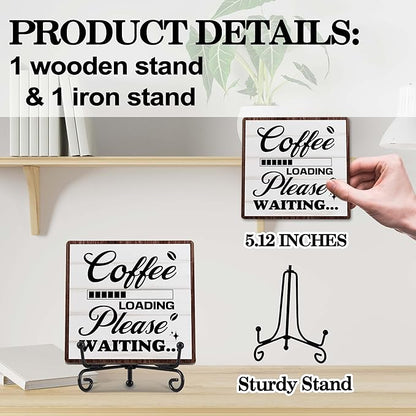 Coffee Bar Decor, Farmhouse Kitchen Table Decor, Coffee Station Accessories, Wooden Decorative Sign with Iron Stand for Table Desk Shelf Display-E32