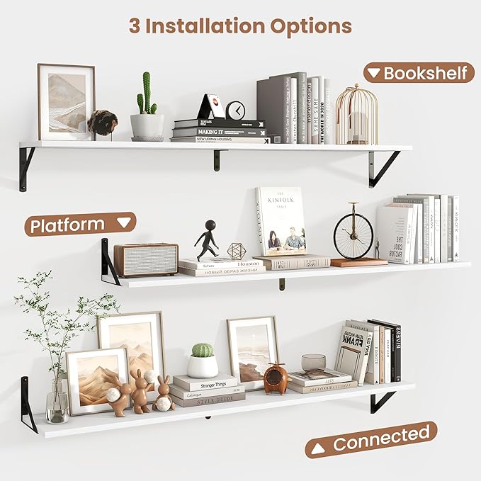 Axeman 48 Inch Floating Shelves | 8 Inch Deep White Wall Shelves Set of 2 | 47.3" W x 8" D Rustic White Wood Shelves for Bathroom Kitchen Living Room