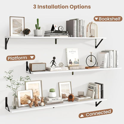 Axeman 48 Inch Floating Shelves | 8 Inch Deep White Wall Shelves Set of 2 | 47.3" W x 8" D Rustic White Wood Shelves for Bathroom Kitchen Living Room