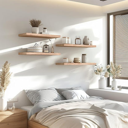 Wood Floating Shelves for Wall Decor, Rustic Wall Shelves for Bedroom Bathroom Kitchen Living Room, Set of 6 Light Walnut