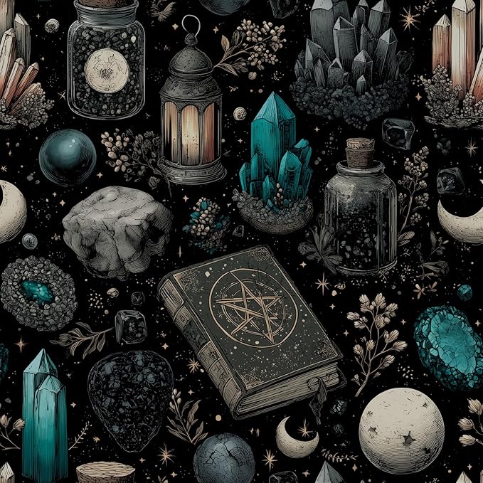 FLFK Mystic Dark Fantasy Peel & Stick Wallpaper - 16" x 64" Removable Self-Adhesive, Gold Pentagram & Celestial Botanicals for Gothic Witchy Decor