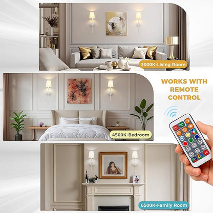 DORESshop Battery Operated Wall Sconce Set of 2, 7 Color Wireless Wall Light Easy to Install, Sconce Wall Decor Set of 2 for Bedroom, Living Room, Fabric Linen Shade, Chrome, 24.6in