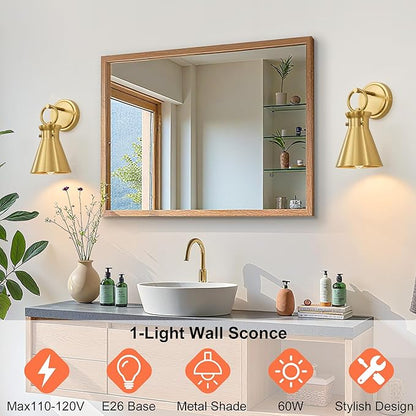 Gold Wall Sconce for Bathroom, Modern Vanity Light Fixtures, Wall Mount Lighting Farmhouse Wall Lights with 6 Inch Metal Lampshade for Bedroom Living Room Mirror Kitchen (Gold Metal, 1 Pack)