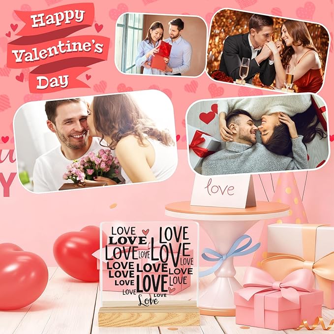 Valentines Desk Decor, Happy Valentine's Day Home Office Table Sign for Porch Tiered Tray Shelf Party, Rustic Romantic Acrylic Gifts Decorations for Him Her Wife, Love