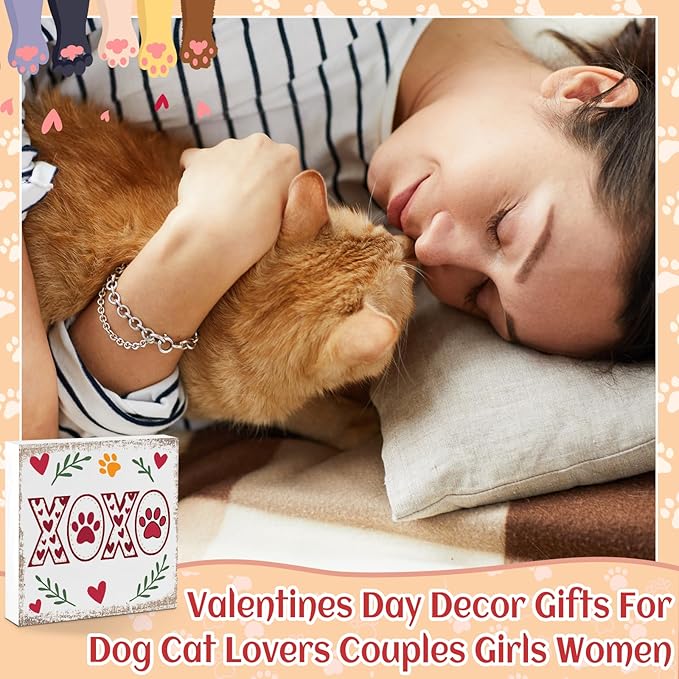 Valentines Cat Dog Desk Decor, Valentine's Day Gifts for Cats Dogs Lover Pet Parent, Valentine Home Office Table Sign Decoration for Shelf Tiered Tray, Xoxo